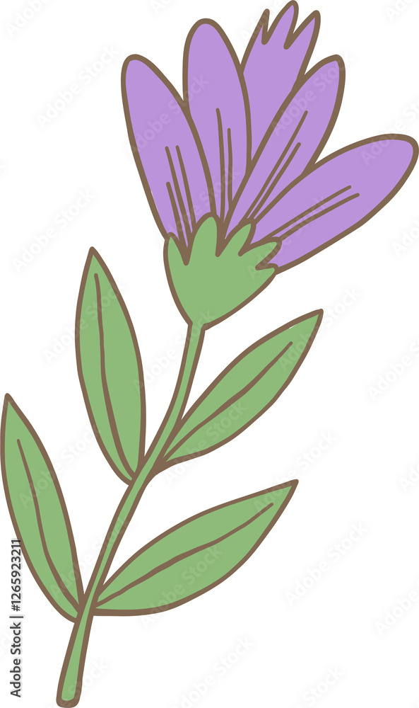 Obraz premium Adorable cartoon illustration of a delicate purple wildflower with green leaves. Perfect for spring, nature, botanical designs, and decorative floral elements