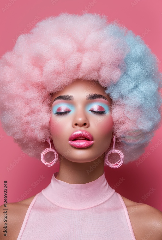 Porträt einer Frau mit weißer Afrofrisur, pastellfarbenem Make-up und ausdrucksstarkem Blick, Portrait of a woman with a white afro hairstyle, pastel makeup, and an expressive gaze. Porträt einer Frau mit weißer Afrofrisur, pastellfarbenem Make-up und ausdrucksstarkem Blick, Portrait of a woman with a white afro hairstyle, pastel makeup, and an expressive gaze.