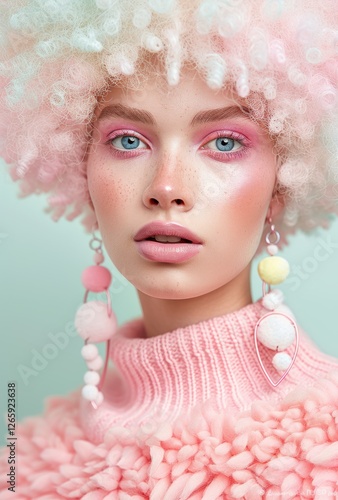 Porträt einer Frau mit weißer Afrofrisur, pastellfarbenem Make-up und ausdrucksstarkem Blick,  Portrait of a woman with a white afro hairstyle, pastel makeup, and an expressive gaze.