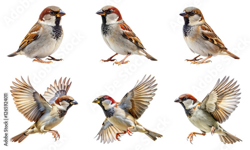 House sparrow bird in various poses including flying and perching natural wildlife transparent background