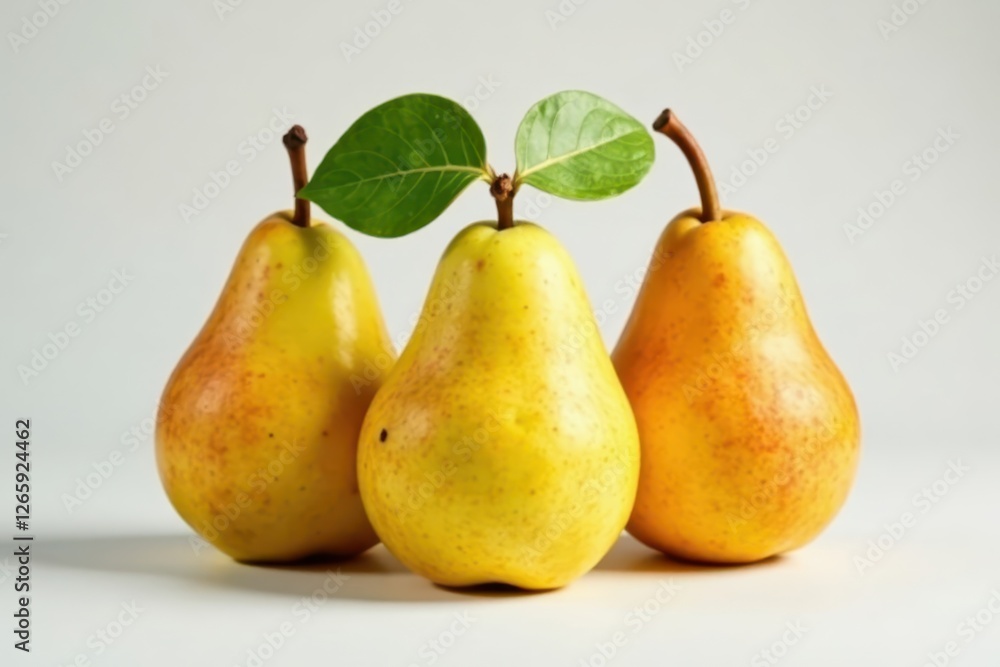 Cluster of three pears, varying ripeness, studio shot, nature, green, unripe Cluster of three pears, varying ripeness, studio shot, nature, green, unripe