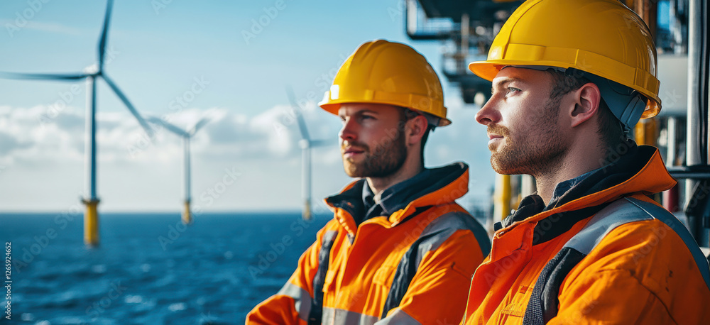 Two engineers in protective gear monitor offshore wind turbines, reflecting the high-level skills and commitment essential for marine environment maintenance. Two engineers in protective gear monitor offshore wind turbines, reflecting the high-level skills and commitment essential for marine environment maintenance.