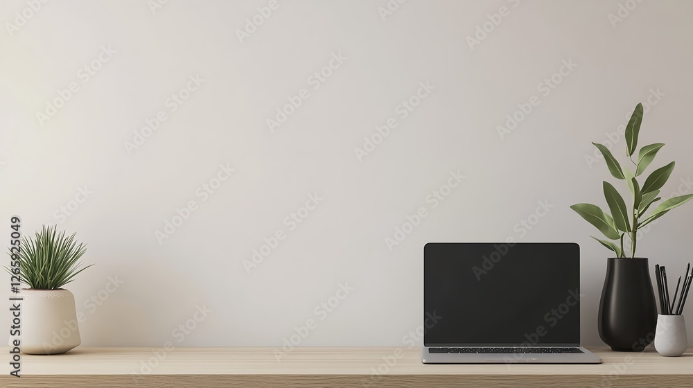 Minimalist Home Office Workspace with Laptop and Green Plants Minimalist Home Office Workspace with Laptop and Green Plants