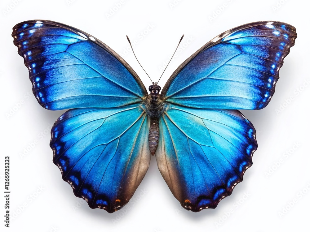 Fototapeta premium Majestic Blue Morpho Butterfly Isolated on White, Stunning Insect Wing Detail, Nature Photography