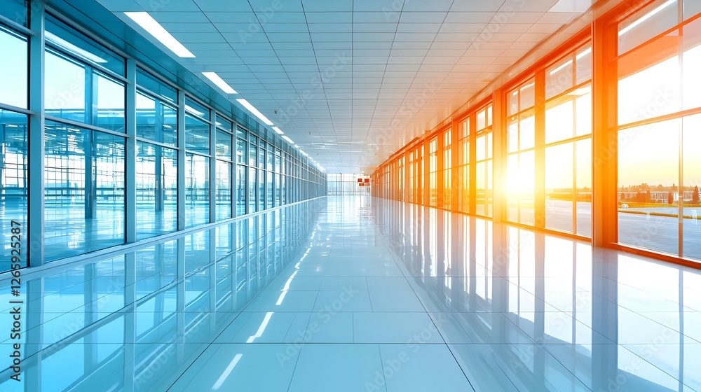 Bright Modern Hallway With Blue And Orange Sunset Reflections Bright Modern Hallway With Blue And Orange Sunset Reflections