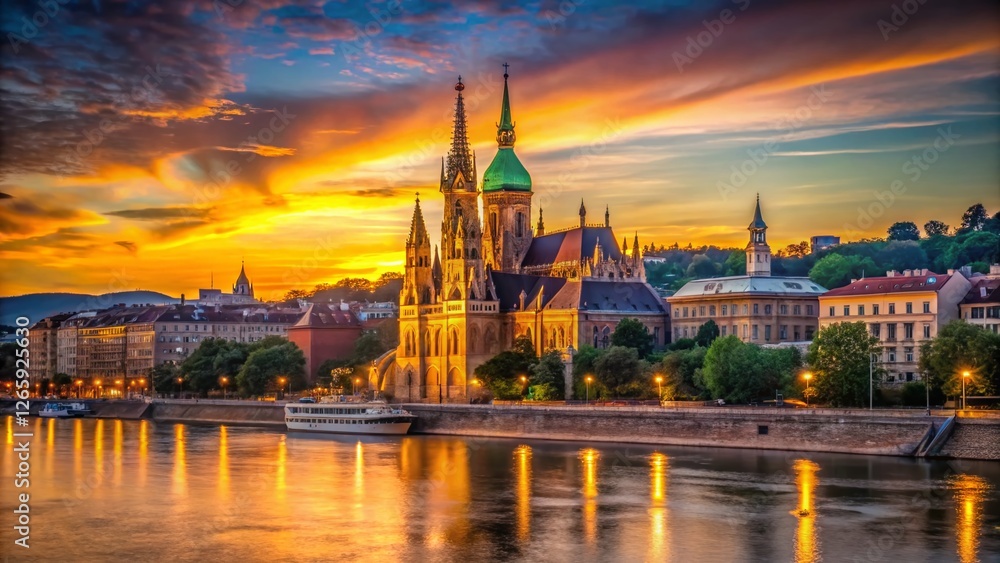 Fototapeta premium Majestic Budapest Danube River Church at Sunset, Rule of Thirds Composition