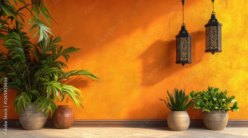 Fototapeta premium Bright Orange Wall with Lanterns and Decorative Green Plants