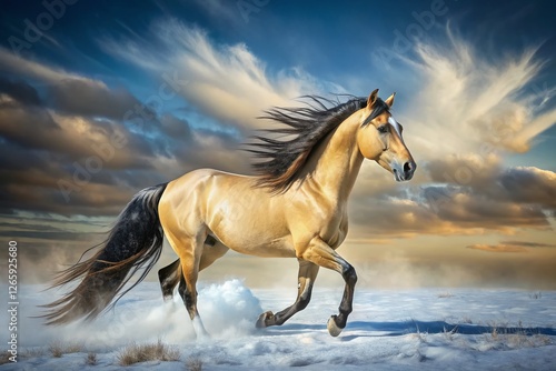 Majestic Buckskin Quarter Horse in Winter Pasture, Windswept Mane