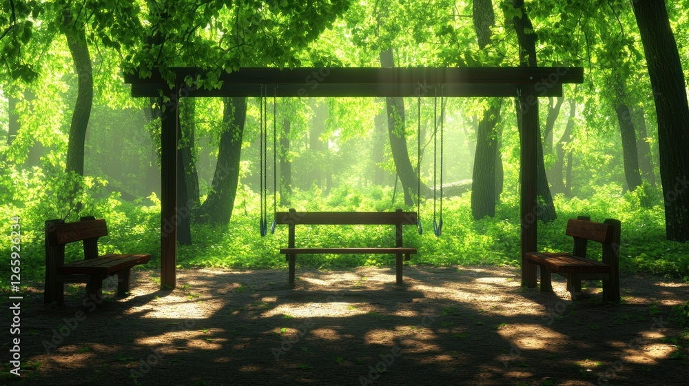 Forest swing bench serenity sunlight nature relaxation