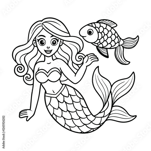 mermaid and sea fish coloring page for kids