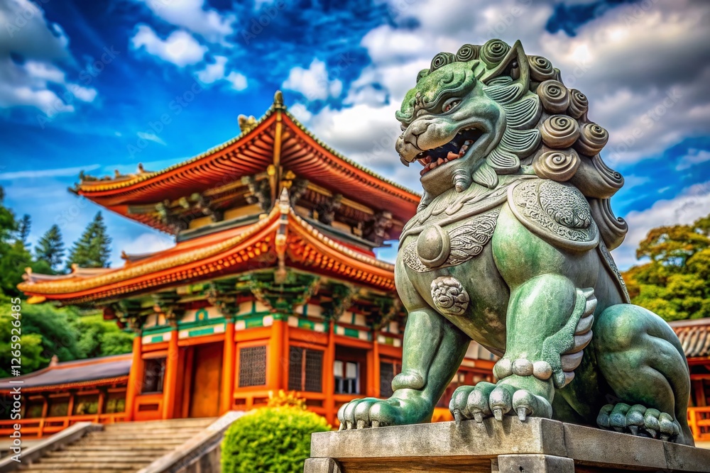 Naklejka premium Majestic Chinese Lion Guardian at Japanese Temple - Rule of Thirds Composition