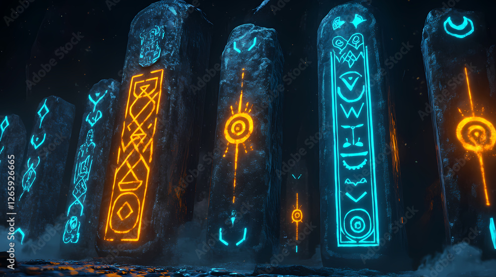 Naklejka premium Seamless alien glyphs glowing on ancient monolith. Ancient Alien Glyphs. Illustration