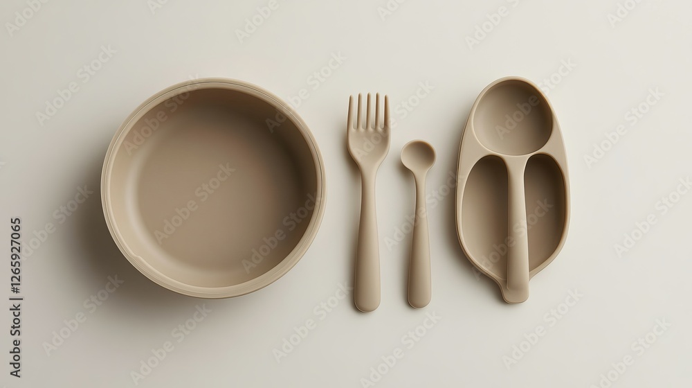 A beige silicone dishware set for babies is presented in a top-view flat lay, illustrating the concept of serving a child's first meal, with ample copy space A beige silicone dishware set for babies is presented in a top-view flat lay, illustrating the concept of serving a child's first meal, with ample copy space