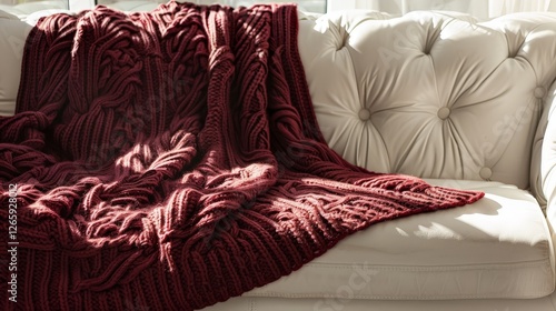 fullsize hand-knitted burgundy plaid lying on the sofa photo