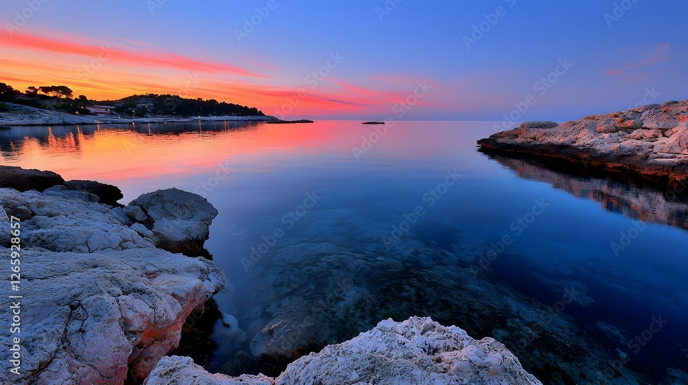 Sunset Coastal Landscape With Calm Blue Sea And Orange Sky Sunset Coastal Landscape With Calm Blue Sea And Orange Sky