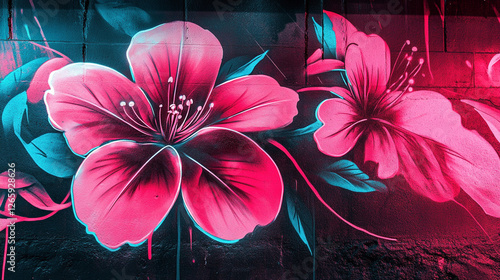 Vibrant pink flowers painted on urban wall art in a city setting during daylight