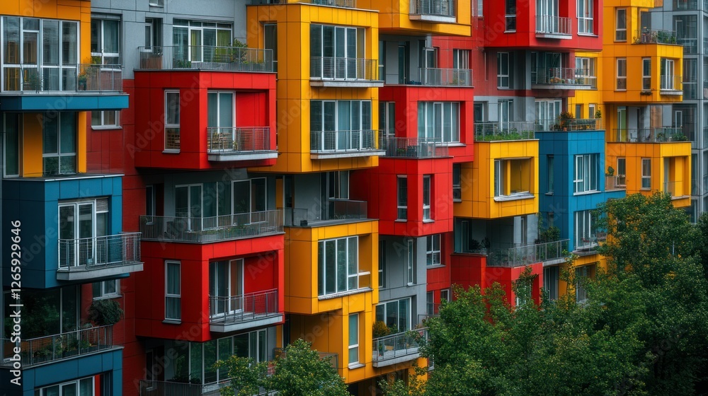 Fototapeta premium Modern colorful apartments; exterior of a residential building in an urban neighborhood