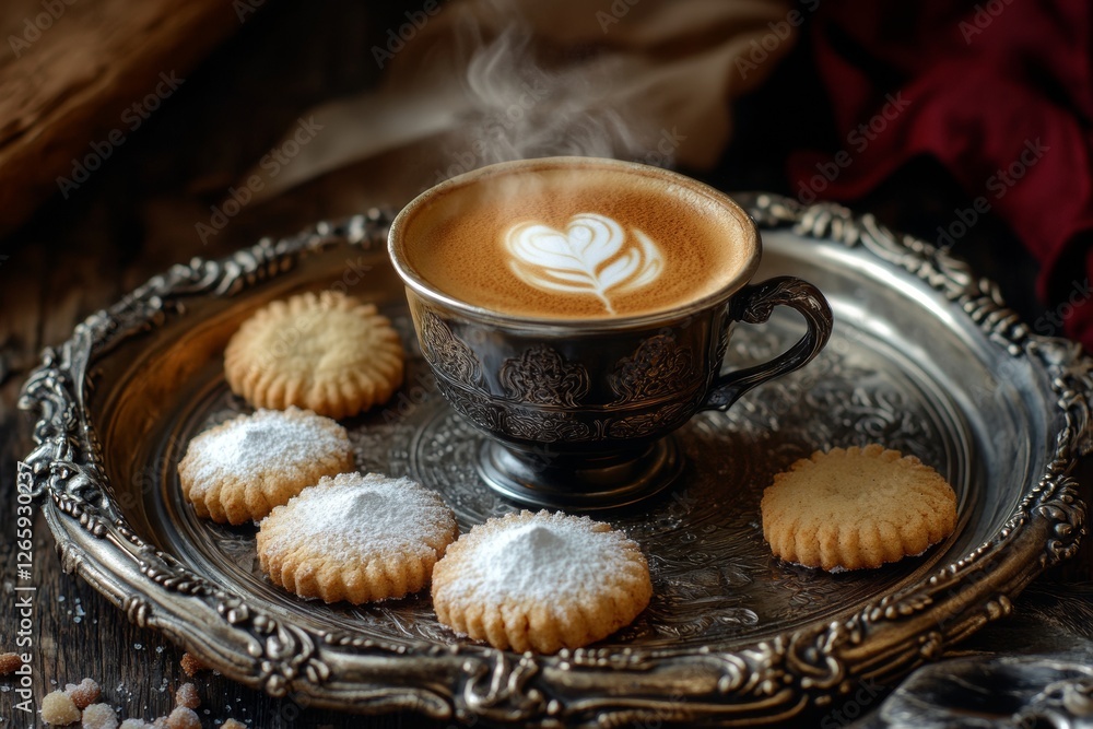 A beautifully crafted cup of espresso emits steam, resting on an ornate silver tray A beautifully crafted cup of espresso emits steam, resting on an ornate silver tray