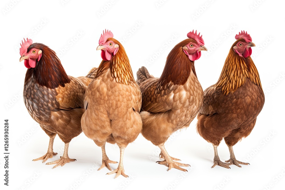 Fototapeta premium Three chickens brown in color are on a white background and separated