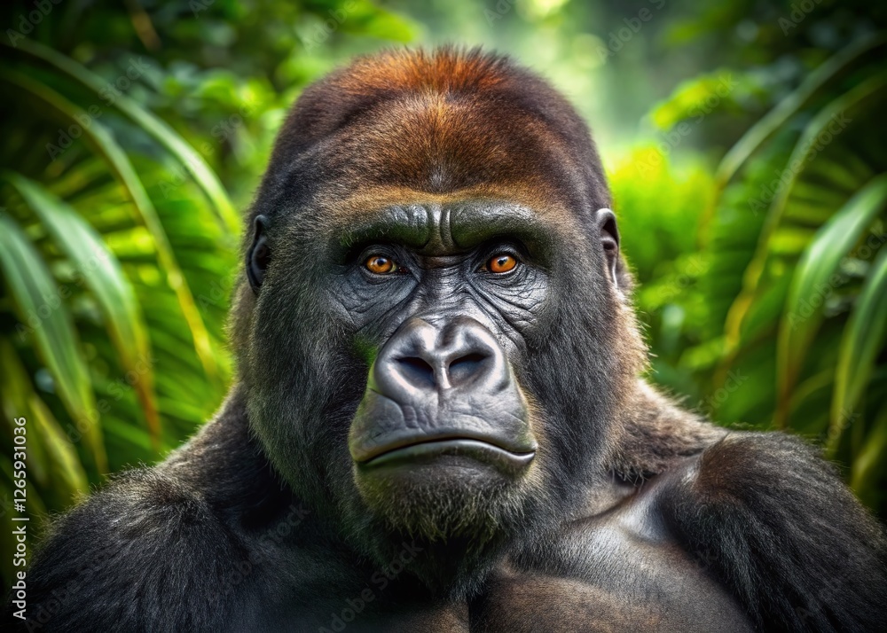 Fototapeta premium Majestic Gorilla Portrait: Powerful Black Ape in Lush Rainforest Habitat