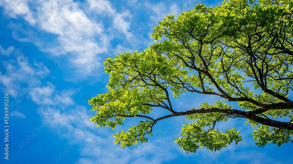 Lush Green Tree Branch Against Vivid Blue Sky with Fluffy Clouds Lush Green Tree Branch Against Vivid Blue Sky with Fluffy Clouds