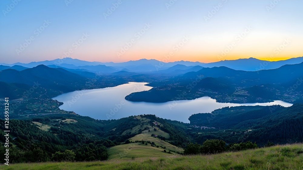 Naklejka premium Serene Sunset Over a Mountain Lake and Valley