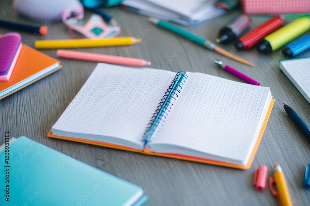 A vibrant student desk overflowing with colorful stationery supplies, open notebooks, and scattered pens showcases a dynamic study environment filled with creativity. With copy space for text A vibrant student desk overflowing with colorful stationery supplies, open notebooks, and scattered pens showcases a dynamic study environment filled with creativity. With copy space for text