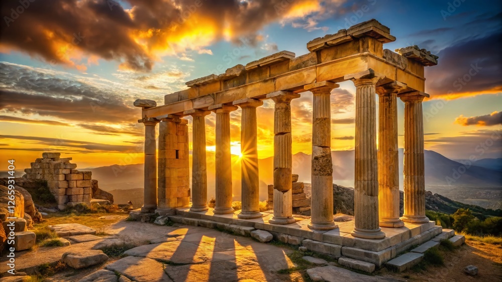 Fototapeta premium Majestic Greek Temple Ruins at Sunset, Golden Hour Landscape Photography