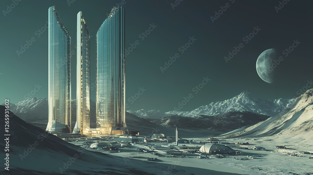 Fototapeta premium Lunar base a futuristic cityscape on a distant moon, 3d render, sci-fi, space exploration, colony. Lunar Glass Towers. Illustration