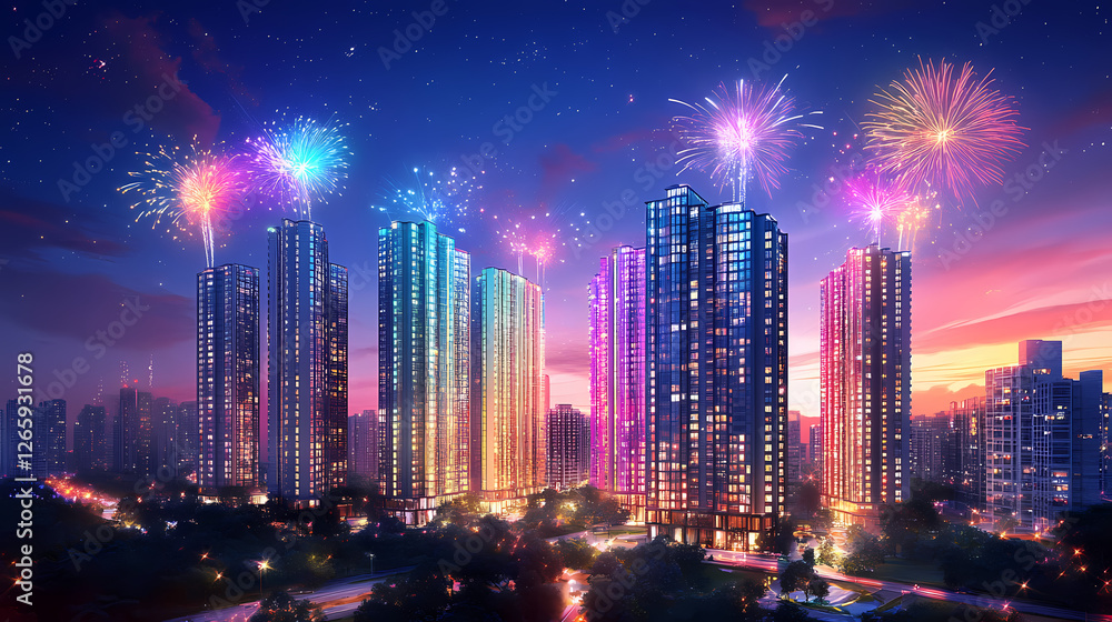 Obraz premium lunar new year fireworks modern skyline
