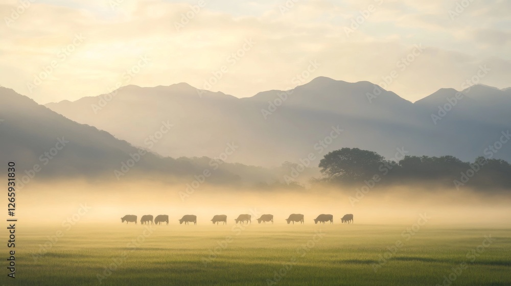Fototapeta premium Misty Sunrise Meadow with Grazing Animals