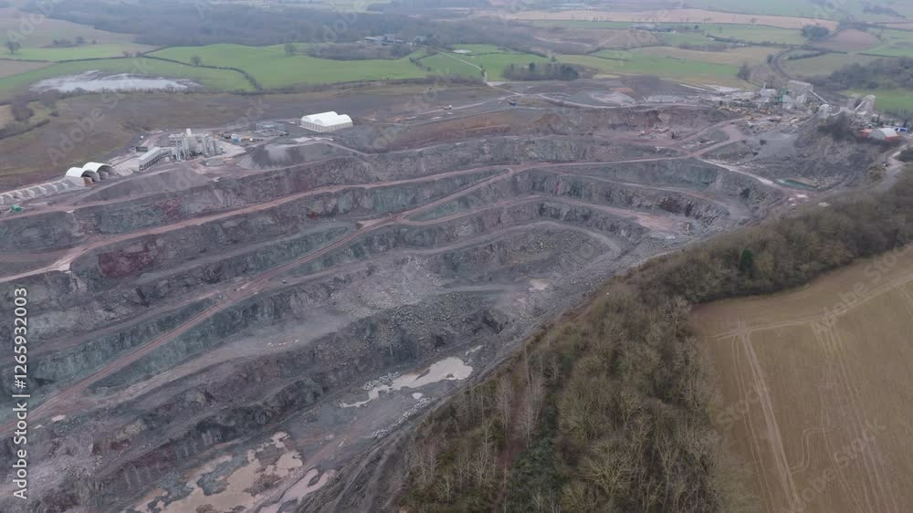 Aerial view of Bayston Hill Quarry. Large quarry in England, United Kingdom