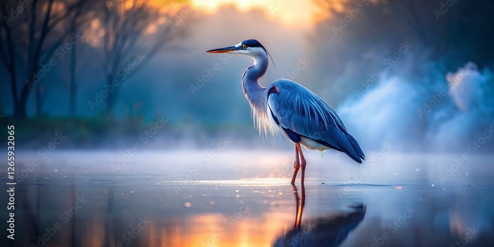 Fototapeta premium Majestic Heron at Dusk: Low Light Lake Photography