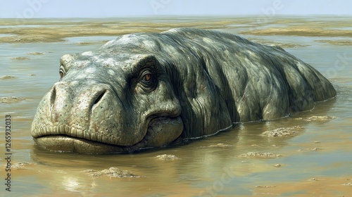 Prehistoric amphibious creature rests in shallow marsh photo