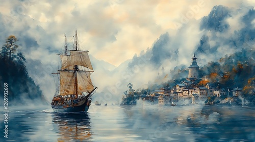 Wallpaper Mural A painting depicts a tall ship approaching a coastal town shrouded in mist, nestled among forested hills. Torontodigital.ca