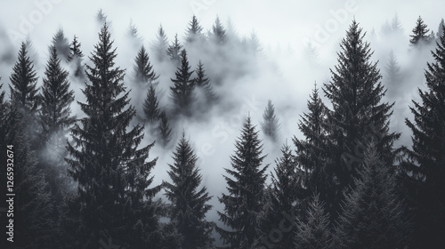 Misty Black and White Forest with Tall Pine Trees – Cinematic Moody Monochrome Wallpaper for Modern Interiors