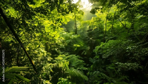 Dense jungle vegetation with sun rays shining through the thick foliage