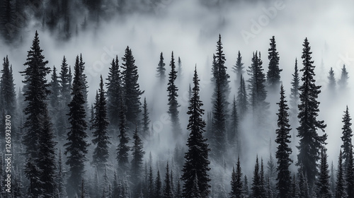 Misty Black and White Forest with Tall Pine Trees – Cinematic Moody Monochrome Wallpaper for Modern Interiors