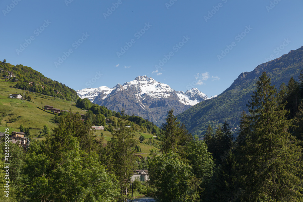 Snow-capped Bergamo alps. View from Gromo town.