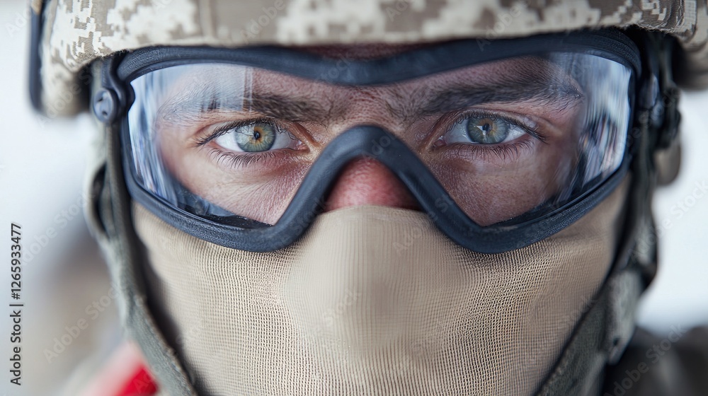 Soldier's intense gaze, snowy battlefield, military operation, stock photo Soldier's intense gaze, snowy battlefield, military operation, stock photo