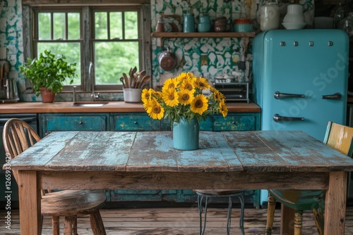 Bright sunflowers adorn a rustic wooden table in a charming vintage kitchen setting with turquoise accents