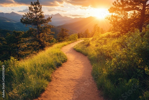 Scenic sunset view over a winding trail in a mountainous landscape filled with lush greenery