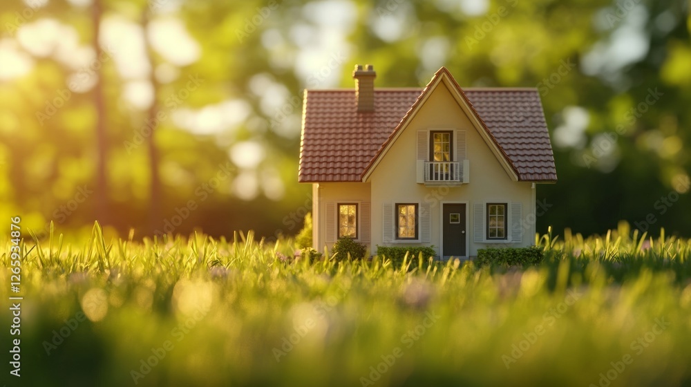 Dream House On Green Grass. Perfect Home In Nature. Real Estate And Property Concept. Dream House On Green Grass. Perfect Home In Nature. Real Estate And Property Concept.