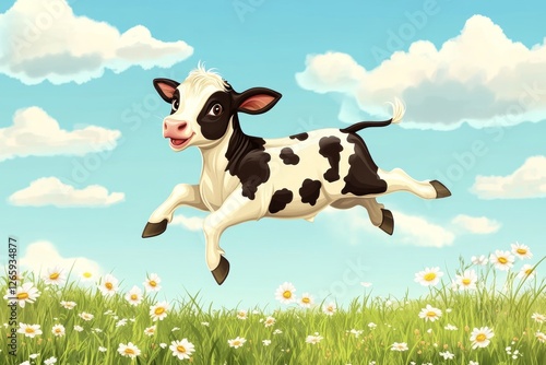vibrant cartoon style colorful cow standing on sunny summer plain, generative AI
