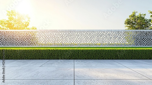 Wallpaper Mural Modern concrete fence, lush greenery, paved walkway, sunrise scene Torontodigital.ca