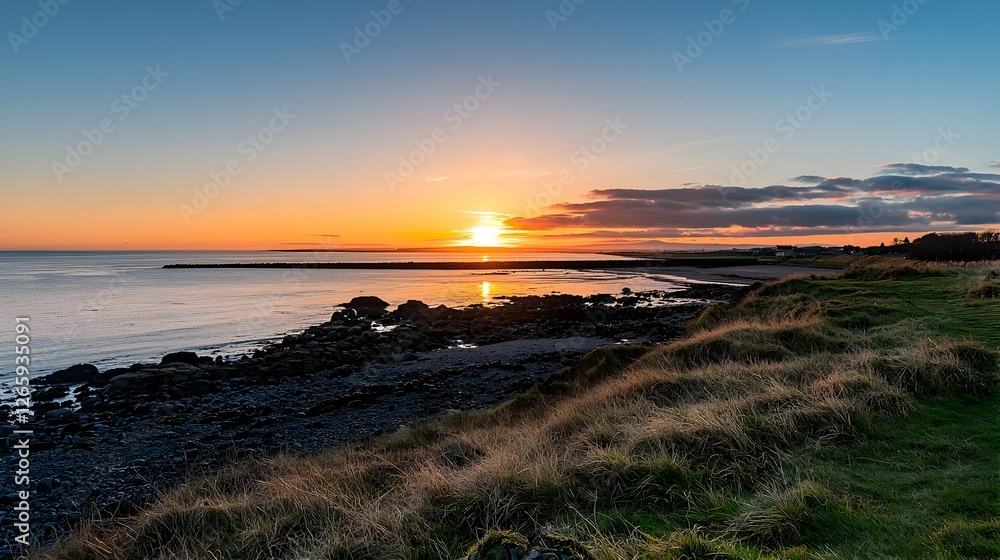 Obraz premium Golden Sunset Over Calm Ocean With Rocky Beach And Grassy Shore