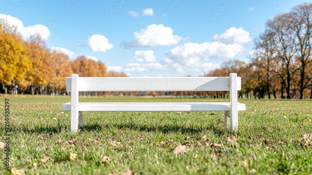 White bench in autumn park, sunny day. Relaxation, nature
