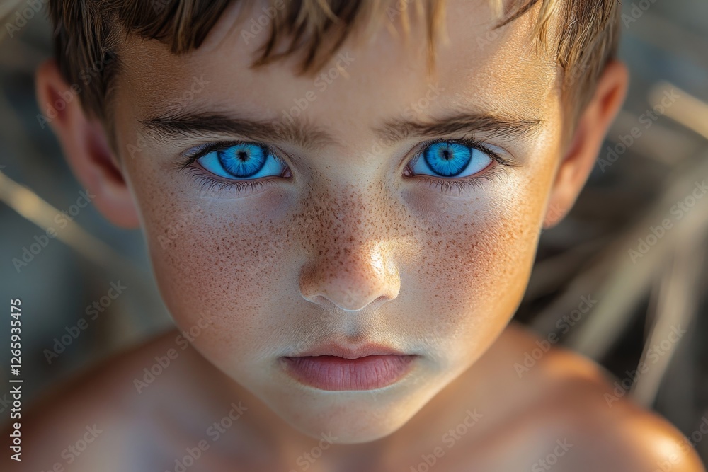 Boy with striking blue eyes and freckles gazes directly at the camera under natural light in a serene outdoor setting Boy with striking blue eyes and freckles gazes directly at the camera under natural light in a serene outdoor setting