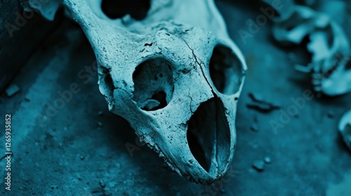 Animal skull, dark surface, bone fragments,  archaeological dig, morbid background, Halloween