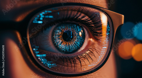 An individual's eye, magnified, is framed by eyeglasses, displaying a mesmerizing spectacle of digital information and binary sequences, hinting at intense concentration and a thirst for knowledge.